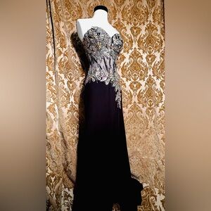Tony Bowls Black and Silver Strapless Gown